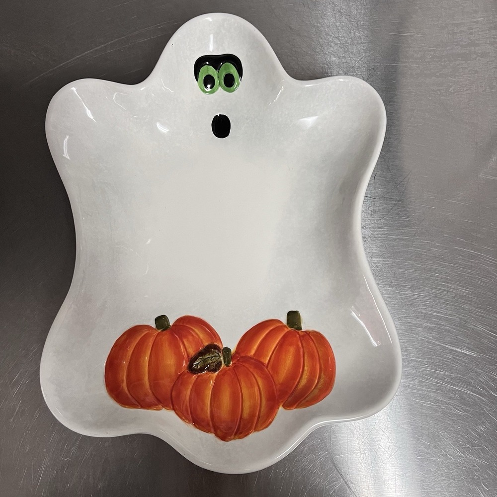 Ghost Shaped BOO Candy Dish White Ceramic Treat Bowl Halloween Spooky Table Deco